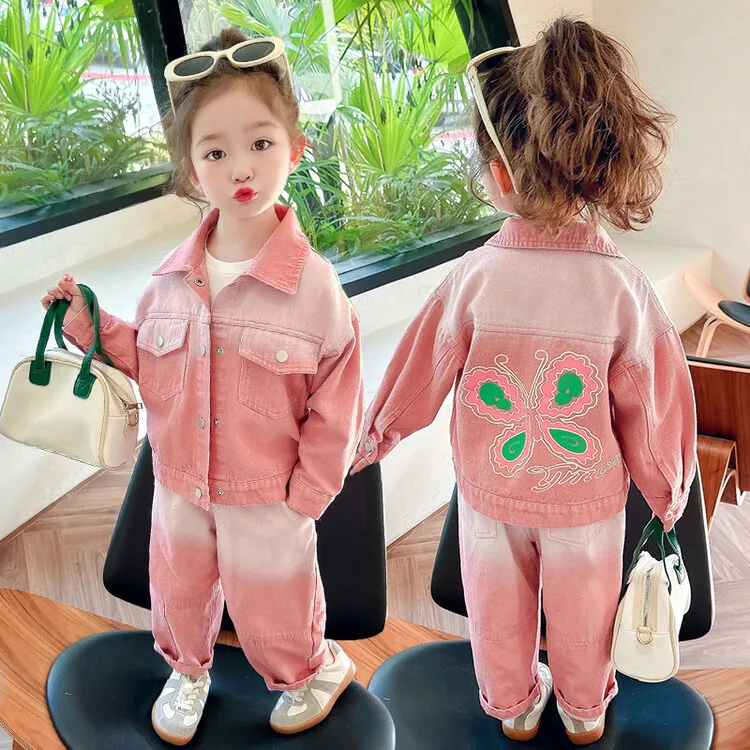 

2024 Children's Fashion Trendy Denim Suit 2-piece Set For Girls Spring Autumn Mid To Large Kids Clothes Gradient butterfly set