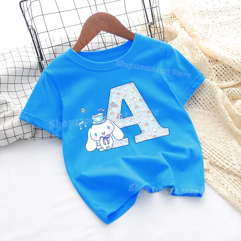 

Cute Cinnamoroll Girly Light Blue T-shirt Cotton Sanrio Letters A-Z Anime Print Tees Short Sleeve Kids Kawaii Streetwear Clothes