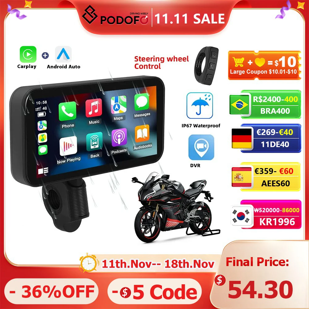 Podofo Motorcycle Navigation Carplay 6.25'' Smart Player Android Auto IP67 Waterproof Carplay Portable Motorcycle Motor Monitor