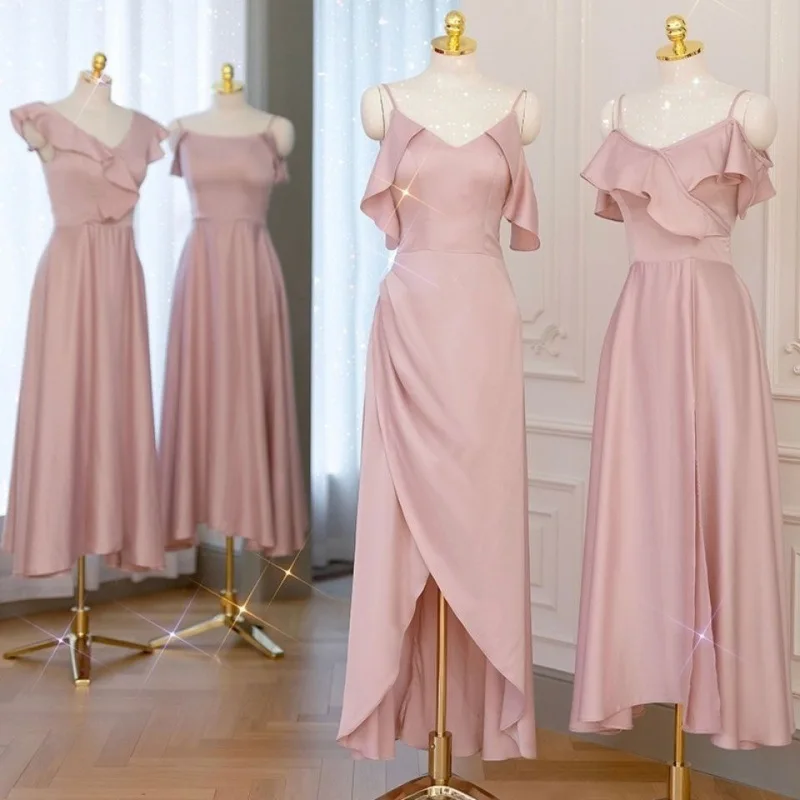 

Wu Pink bridesmaid dress 2024 new style niche spring satin can be worn at ordinary times sister group dress dress fairy