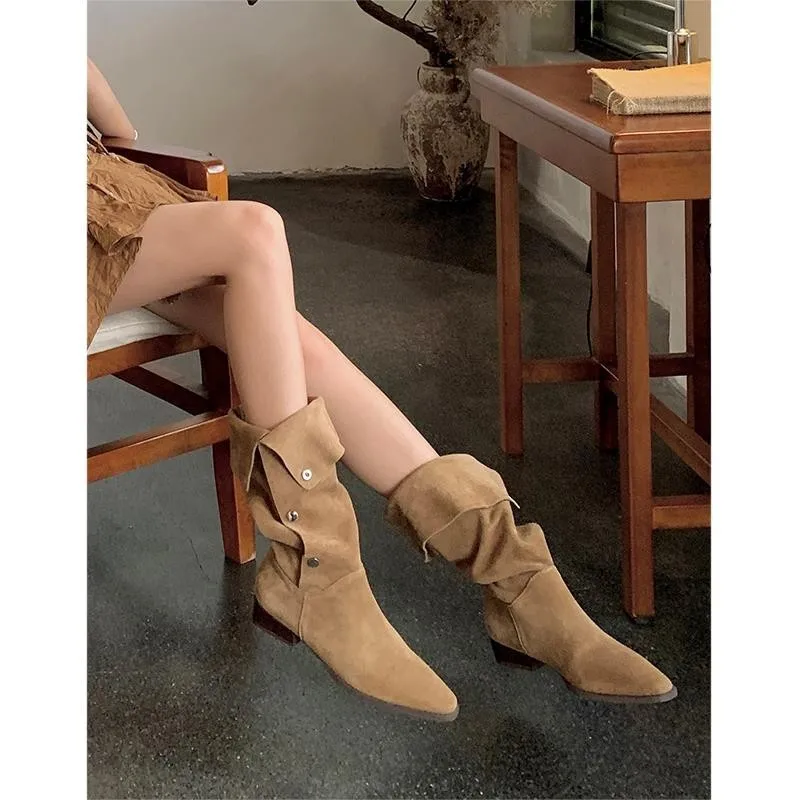Mid Calf Chunky Chelsea Boots Women Winter Shoes 2023 New Designer Suede High Boots Casual Mid Heels Goth Snow Motorcycle Botas