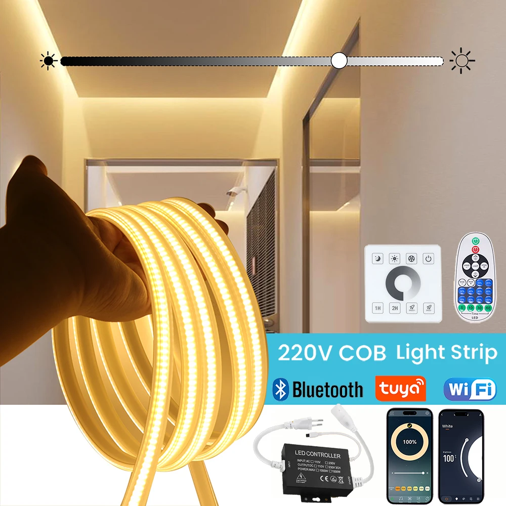 

220V Dimmable WIFI Bluetooth COB LED Strip Light Wall Touch 23key Remote Kit 1500W Controller 288LEDs/M Waterproof Flexible Lamp