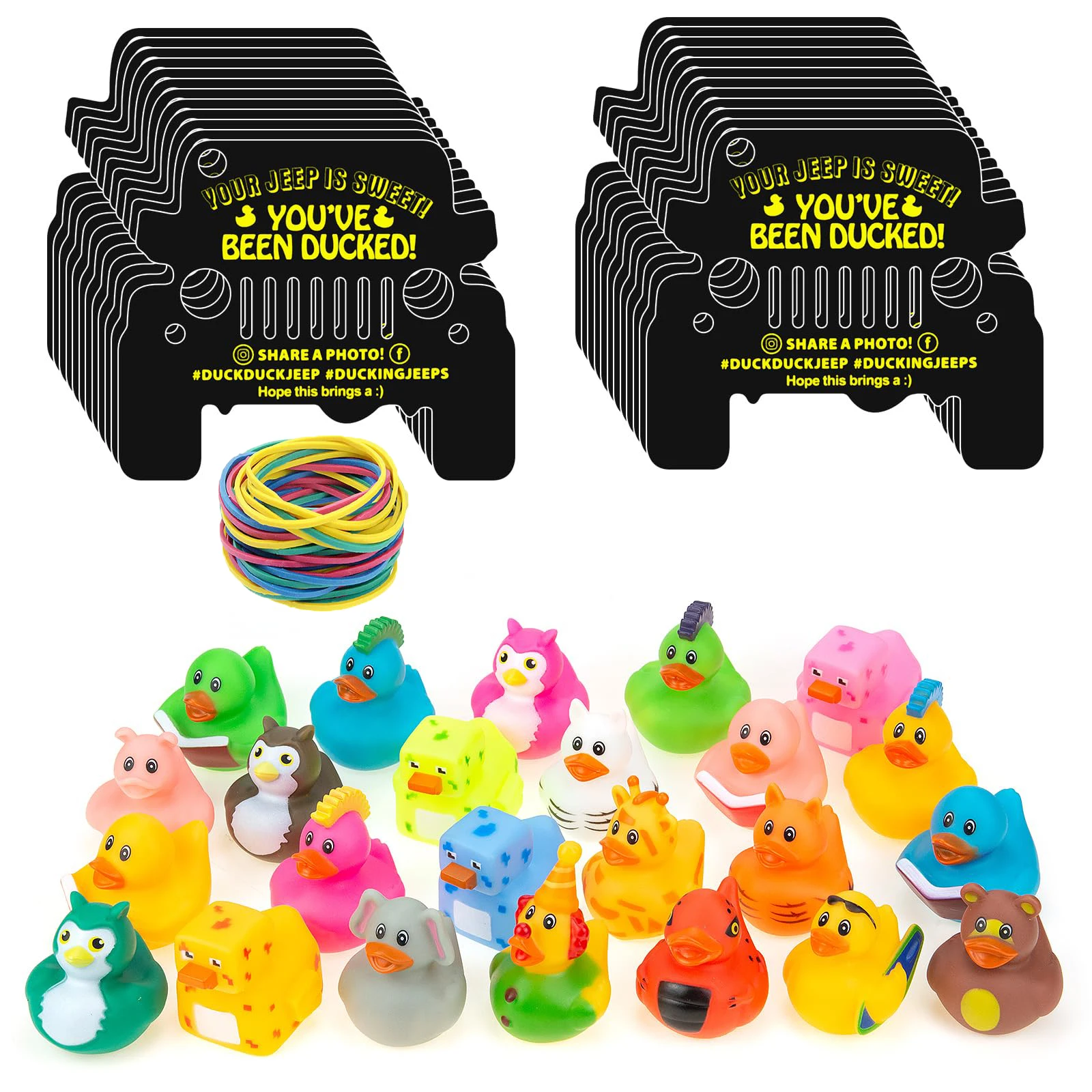 24/48 Set Rubber Duck With Card Duck  Tags, Ducked Card Yellow Rubber Ducks, Rubber Bands for Jeep Car Duck Attach to Duck