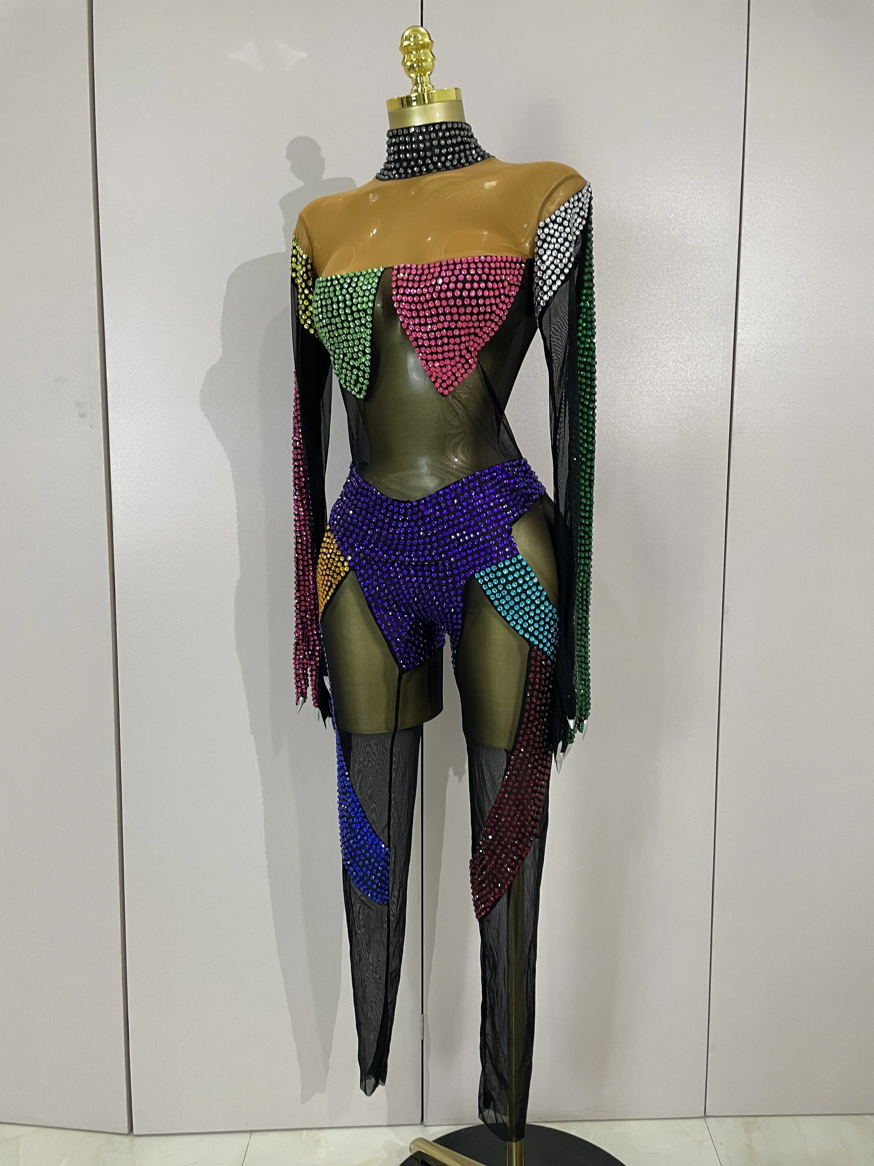 STOCK Luxury Sparkly Colored Diamond Black Mesh Sheer Stretch Jumpsuit Women Celebrate Eveing Nightclub Festival Stage Rompers