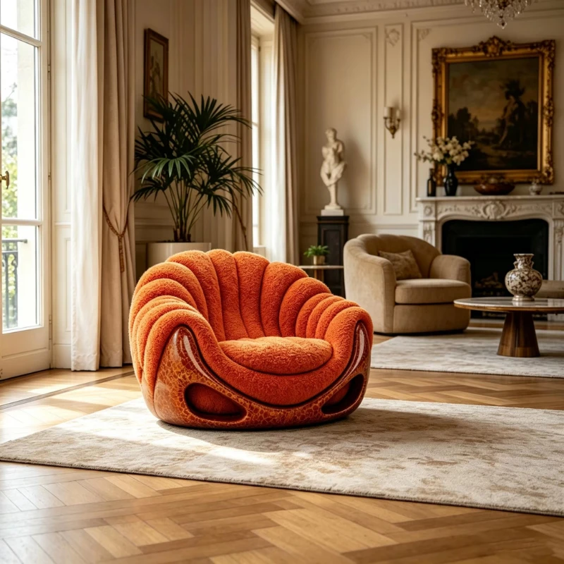 Crack glazed lounge chair, hollow shell, orange fluffy teddy fleece filler
