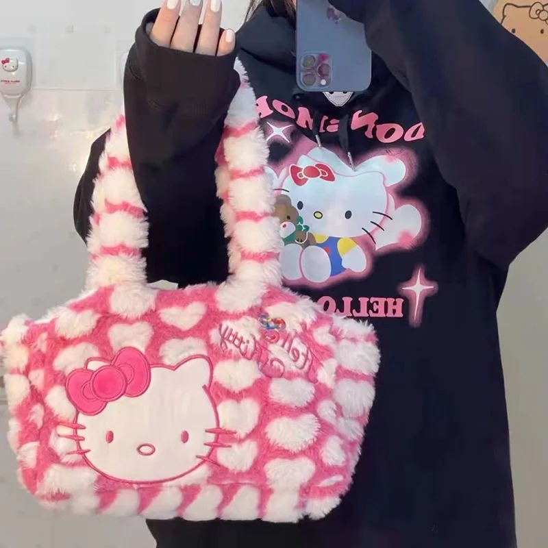 Sac à main Hello Kitty en peluche Anime pour filles, sac sous les bras de dessin animé, sac étudiant Kawaii, haute capacité, cadeau coeur, Y2K