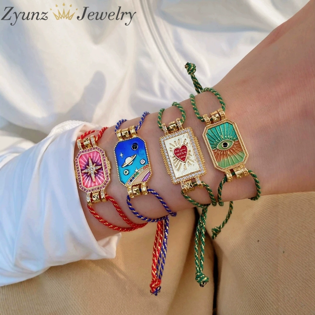

5PCS, Classic Bohemian Colorful Enamel Eye Heart Love Tarot Card Drip Oil Shiny CZ Star Mixed Color Rope Bracelets Design Jewelr