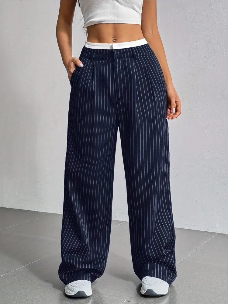 

Women's Fashion Stripe Print Spliced Suit Trousers Fall Winter High Waist Casual Loose Straight Wide Pants All-Match Full Pants