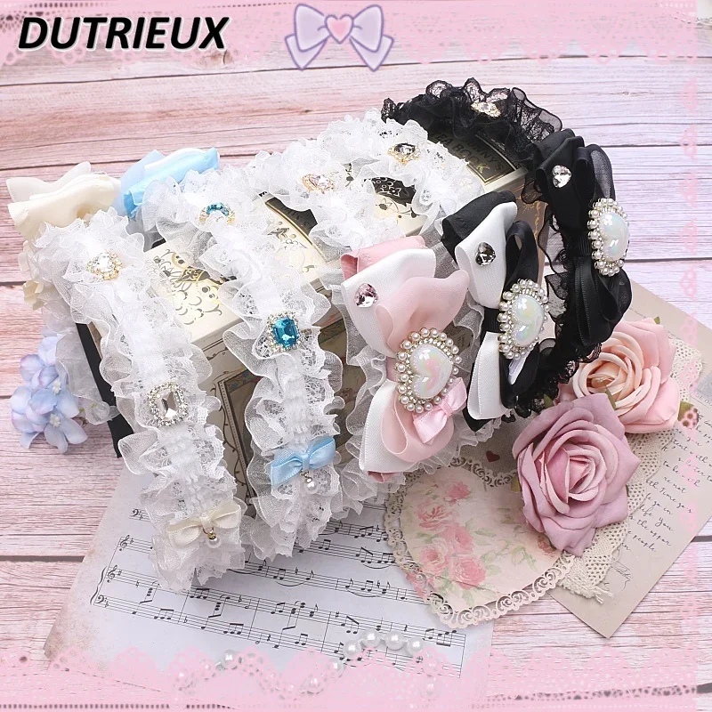 

Japanese Style Original Handmade Sweet Cute Girls Hair Accessories Headwear Bow Rhinestone Lace Edge Headband for Women