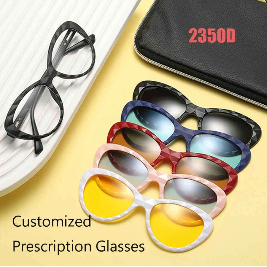 

6 In 1 Customize Prescription Glasses Men Women Anti-Blue Light Myopia Hyperopia With 5 PCS Clip On Polarized Sunglasses 2350D