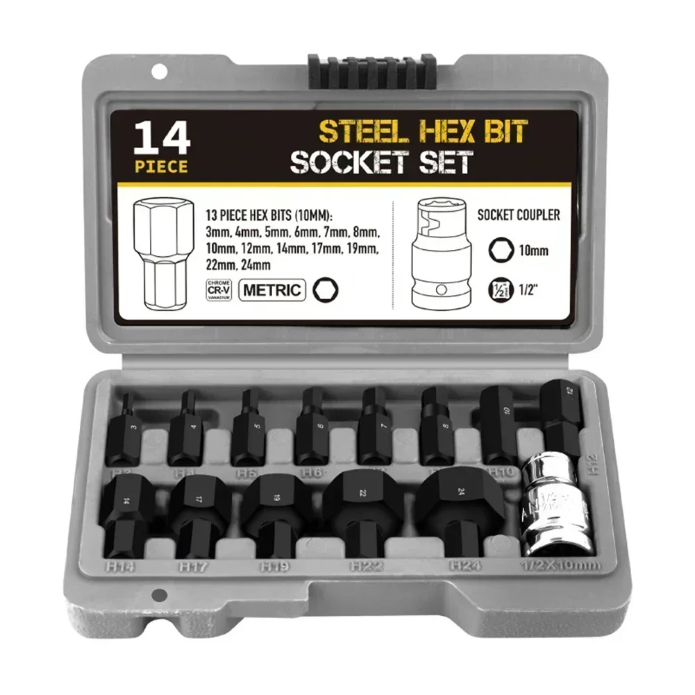 

13pcs Hex Bit Socket Set With 1/2inch Socket Adapter Hex Wrench Head Hexagon Bit Sockets For Ratchet 1/2 Inch Drive Screw Driver