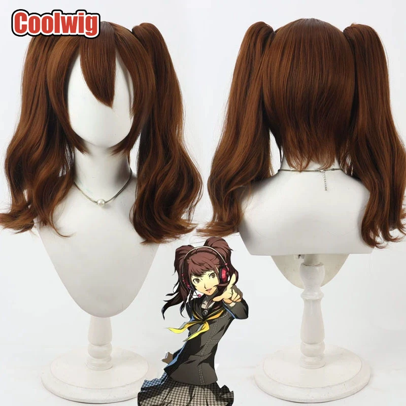 Coolwig Synthetic Hair Kujikawa Rise Cosplay Wigs Game Persona 4 Kujikawa Rise 35cm Short Wavy Brown Ponytail Wig Heat Resistant