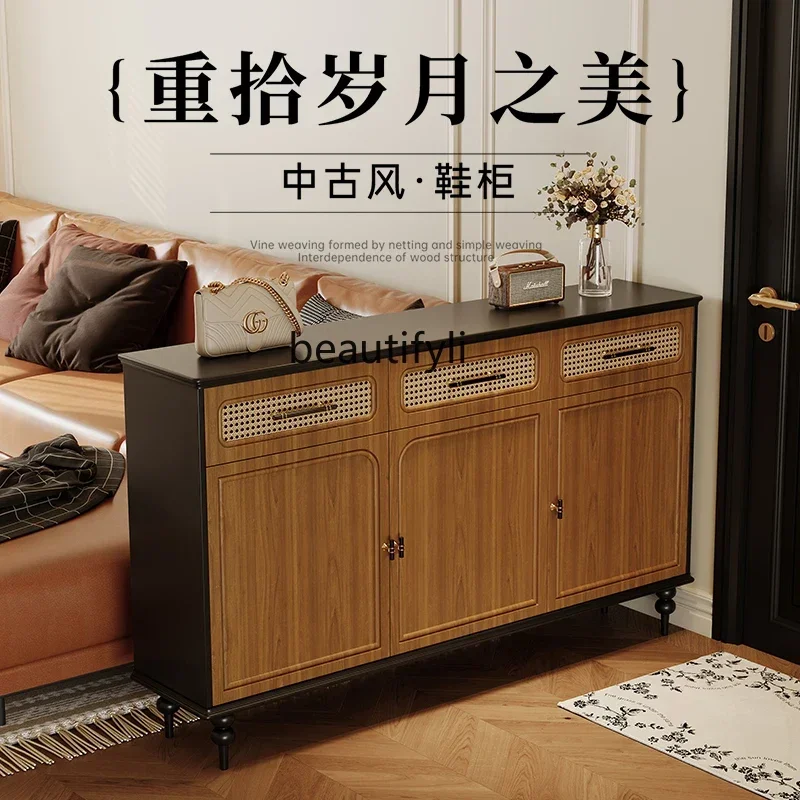 Medieval shoe cabinet rattan household solid wood retro home American large-capacity multi-layer super large entrance cabinet