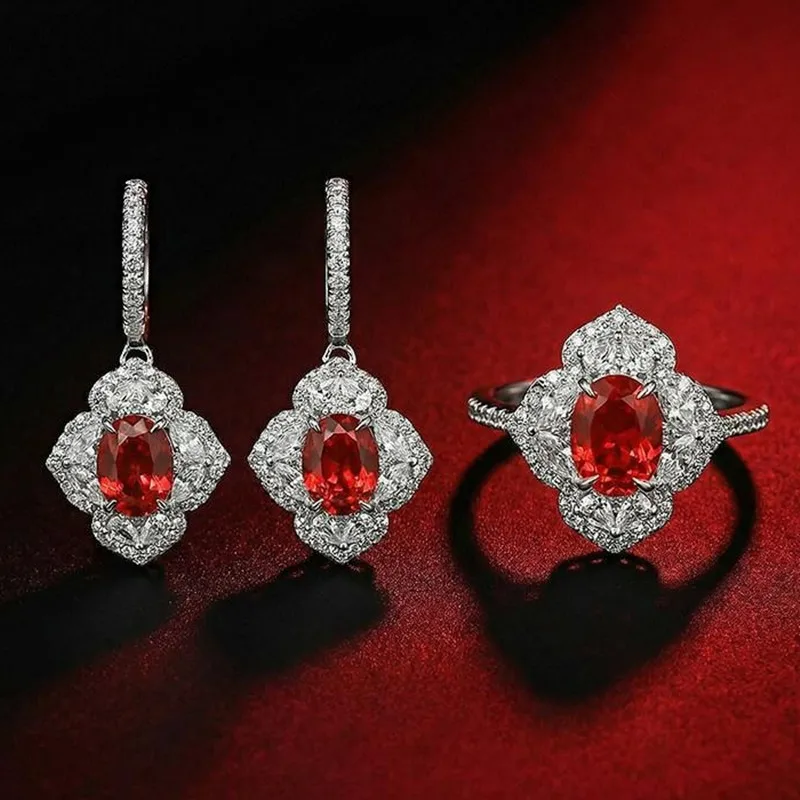 

Red Ruby Gemstones Diamonds Flower Drop Earrings for Women Sterling Silver 925 Daily Wear Party Elegant Fine Jewelry Set Gifts