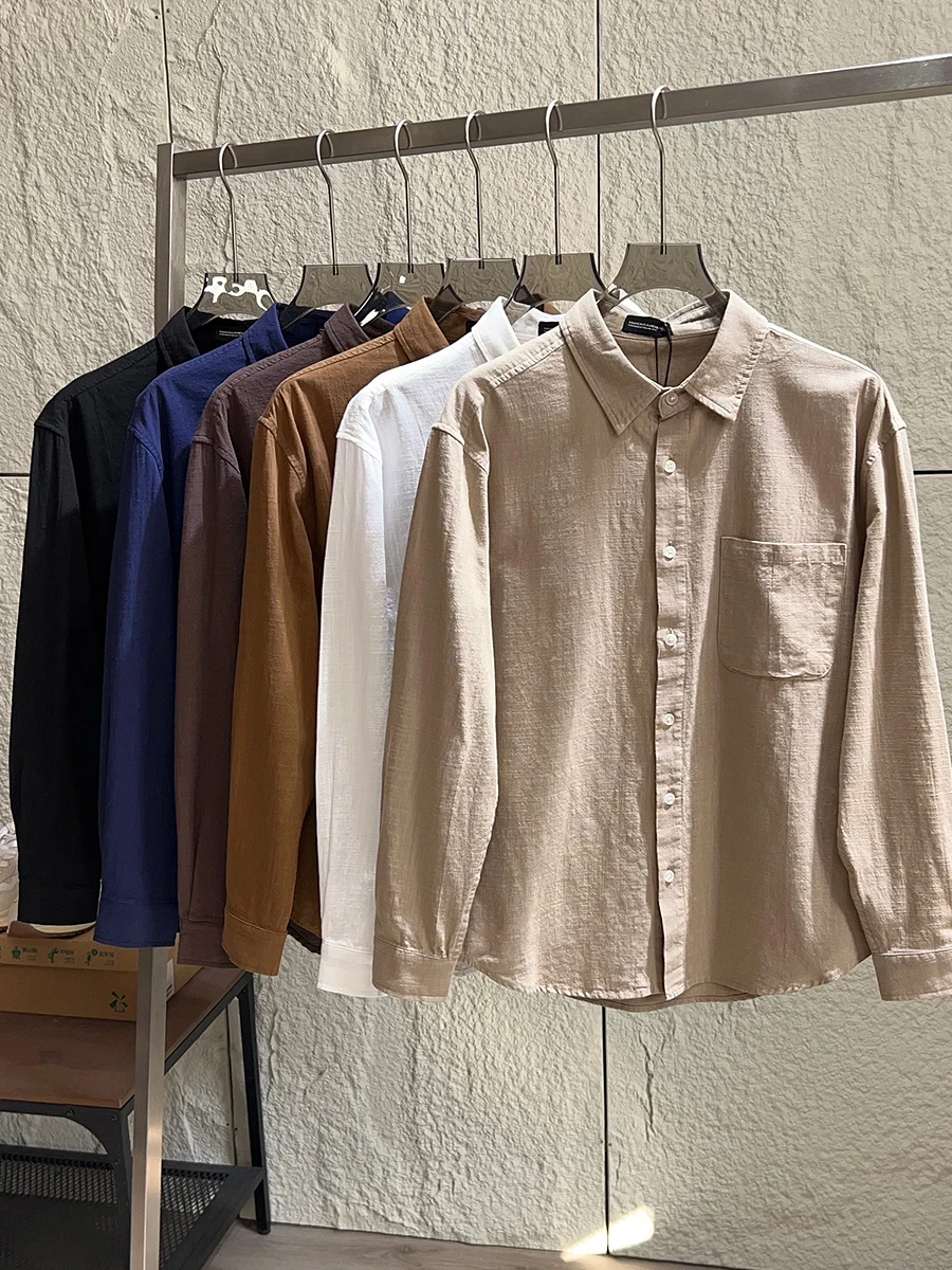

Comfortable Linen-Like Long Sleeve Men's Shirt 100% Cotton Spring Summer Breathable Versatile Commute Color Turn-down C...