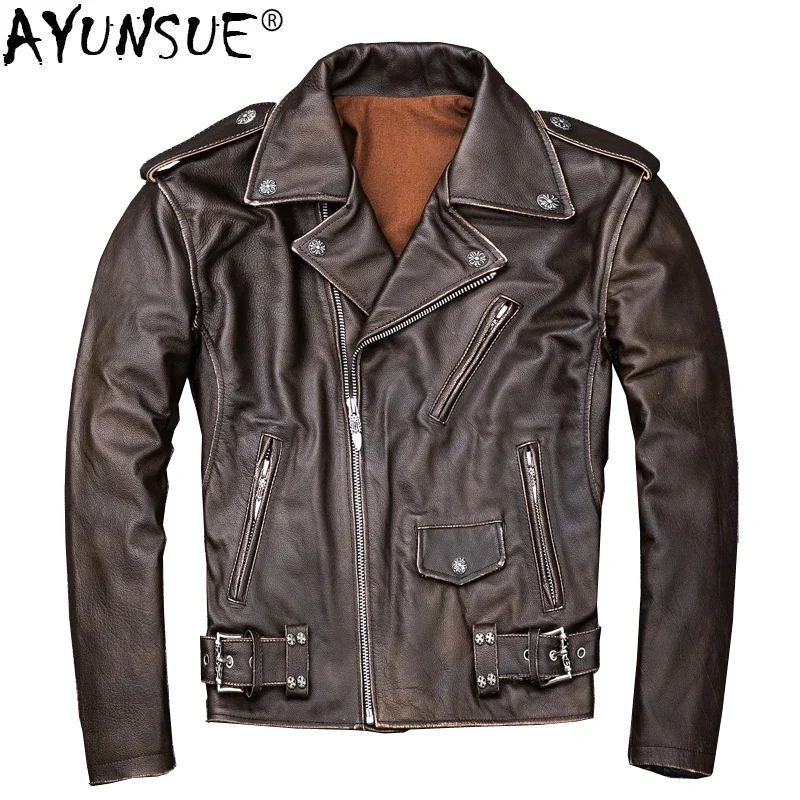 

AYUNSUE Real Cow Leather Jacket Men Vintage Genuine Leather Jackets Spring Fall Motorcycle Cowhide Chaqueta Cuero Hombre KJ1915