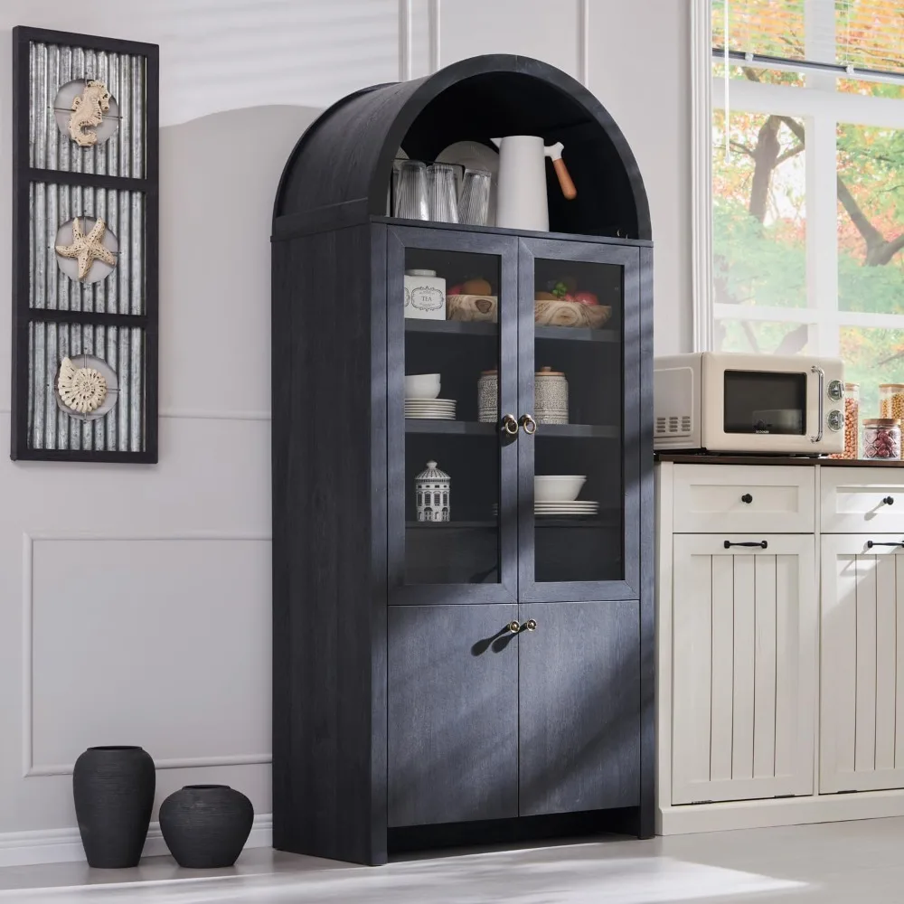 

Kitchen cupboard 71", Modern Farmhouse Kitchen Storage Cabinets with Open & Adjustable Shelves, Hidden Drawer & Glass Door