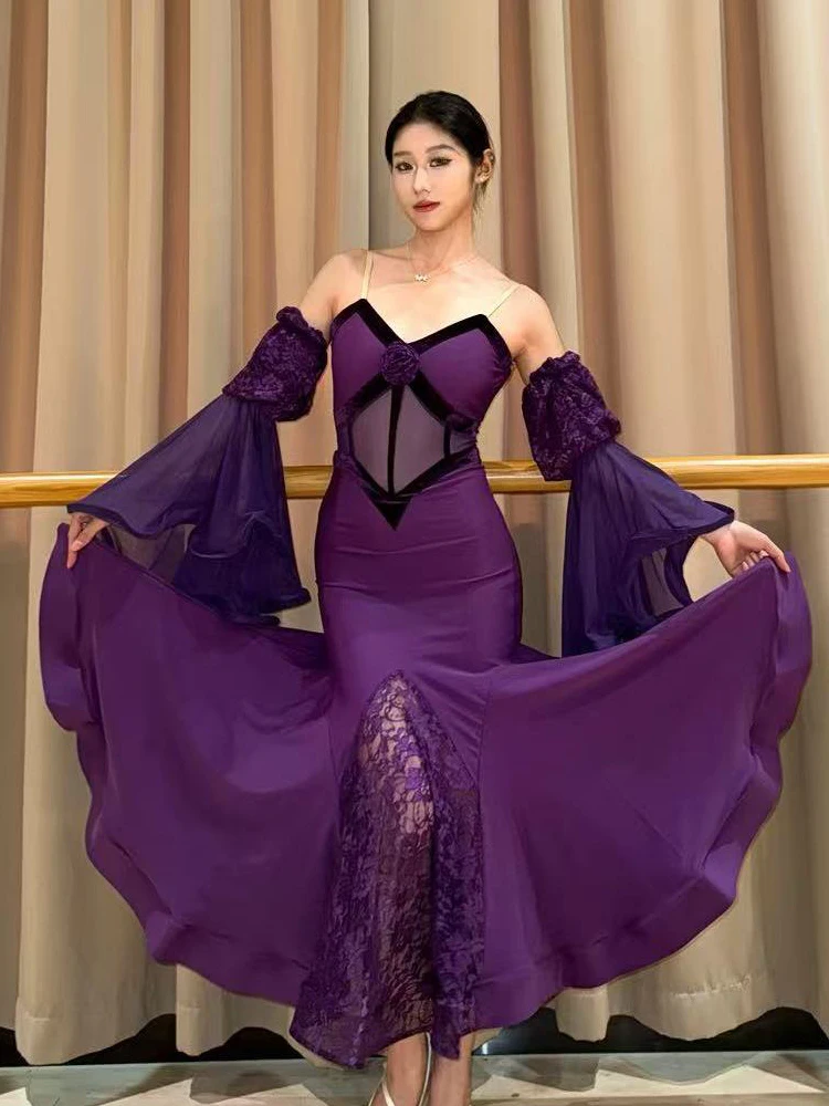 2025 novo vestido de competição de dança de salão para mulheres sexy sem costas roxo grande balanço vestido adulto roupas de dança moderna dqs21523