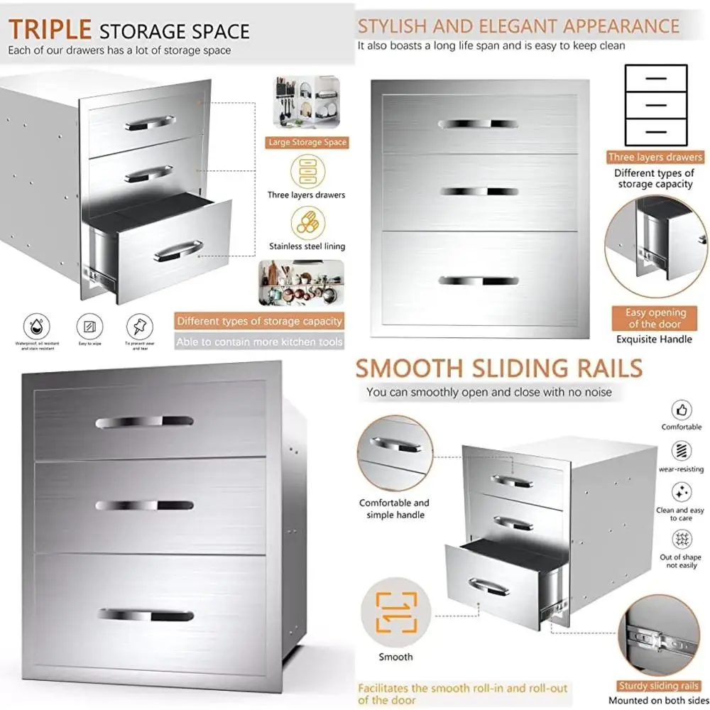 

Stainless Steel Outdoor Kitchen BBQ Island Drawers - Flush Mount Triple Access, 20Wx23Dx27H