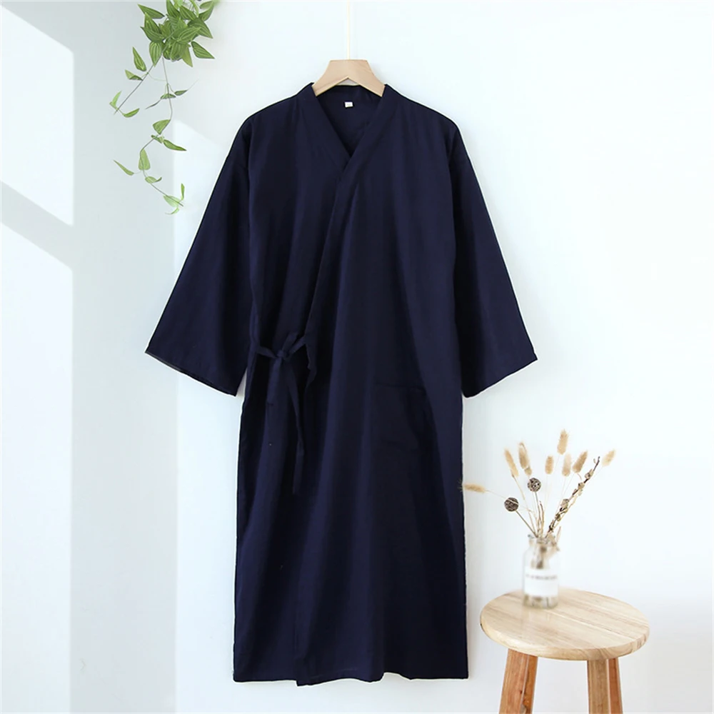 Japanese Style Kimono Bathrobe Men Breathable Nightgown Sleepwear Summer Cotton Lace-up Robe Loose Casual V-neck Pajama Homewear