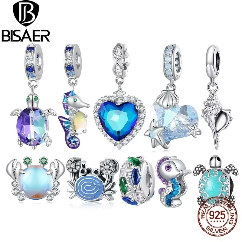 BISAER-abalorio de animales Oecan de ensueño para mujer, de Plata de Ley 925, cuentas de cangrejo, colgante de tortuga de caballito de mar, pulsera DIY, collar, joyería