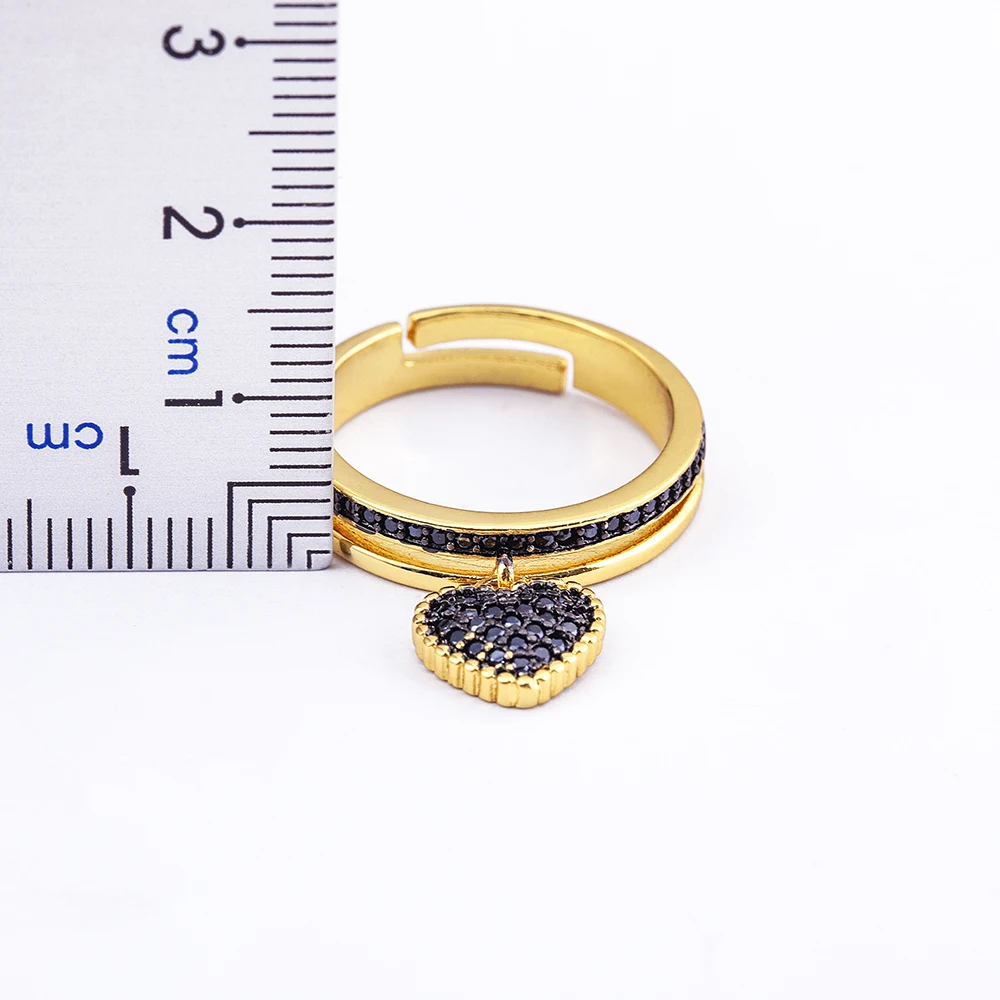 Women's Vintage Black Zircon Heart Charm Adjustable Ring