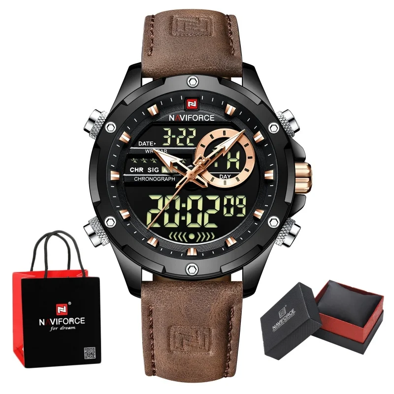 NAVIFORCE Quartz WristWatch Men‘s Luxury Brand Original Watch Casual Sports Chronograph Leather Waterproof Clock Package Gifts