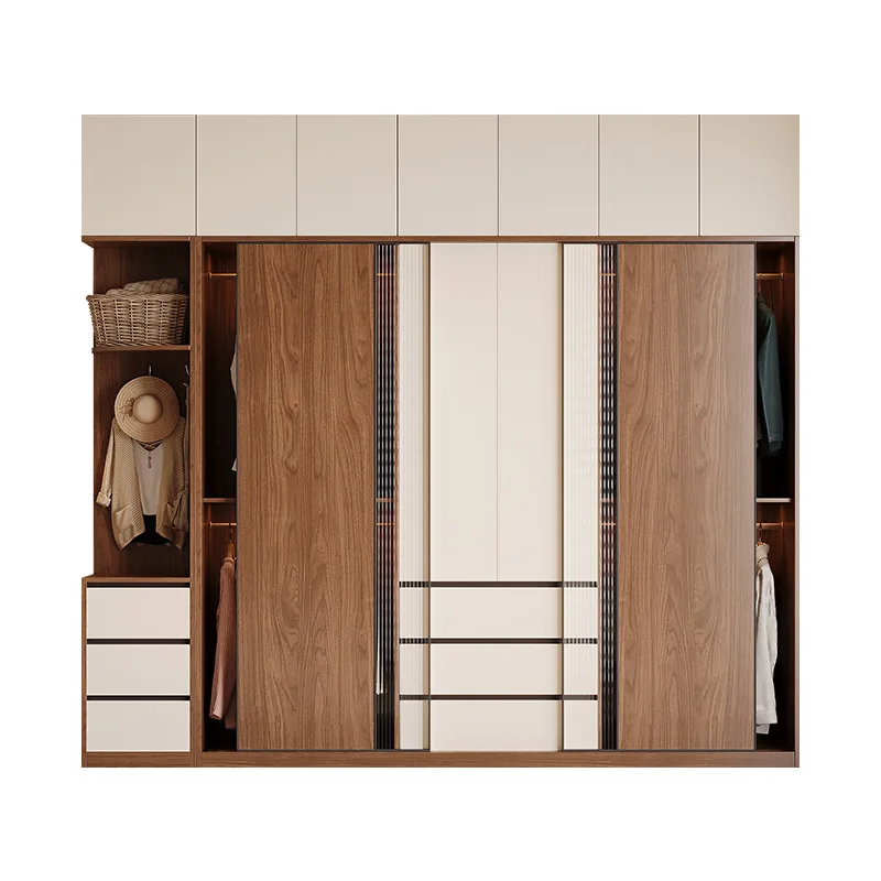 

Walnut sliding home bedroom sliding door storage cabinet combination storage wardrobe