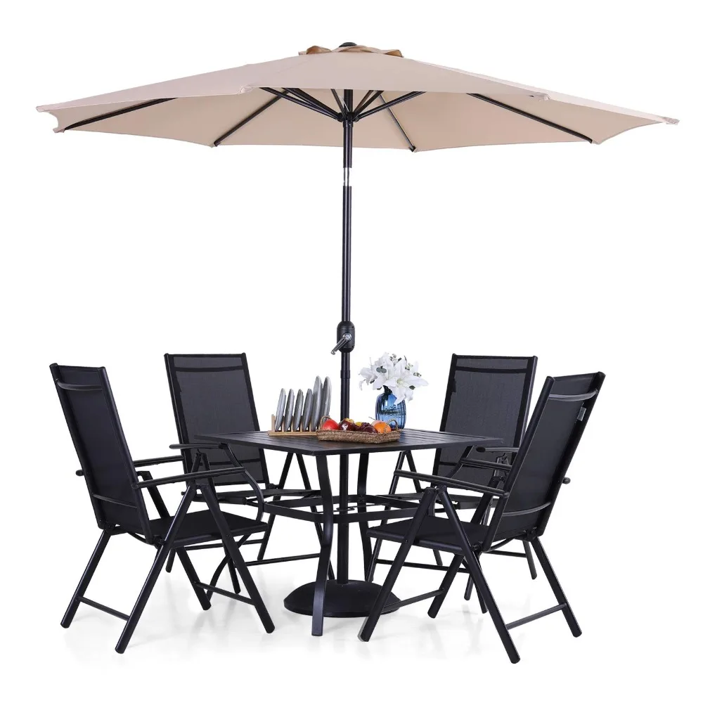 5 Piece Patio Dining Set with 10Ft Patio Umbrella(No Base), 4 PCS Adjustable Reclining Folding Chair & 37