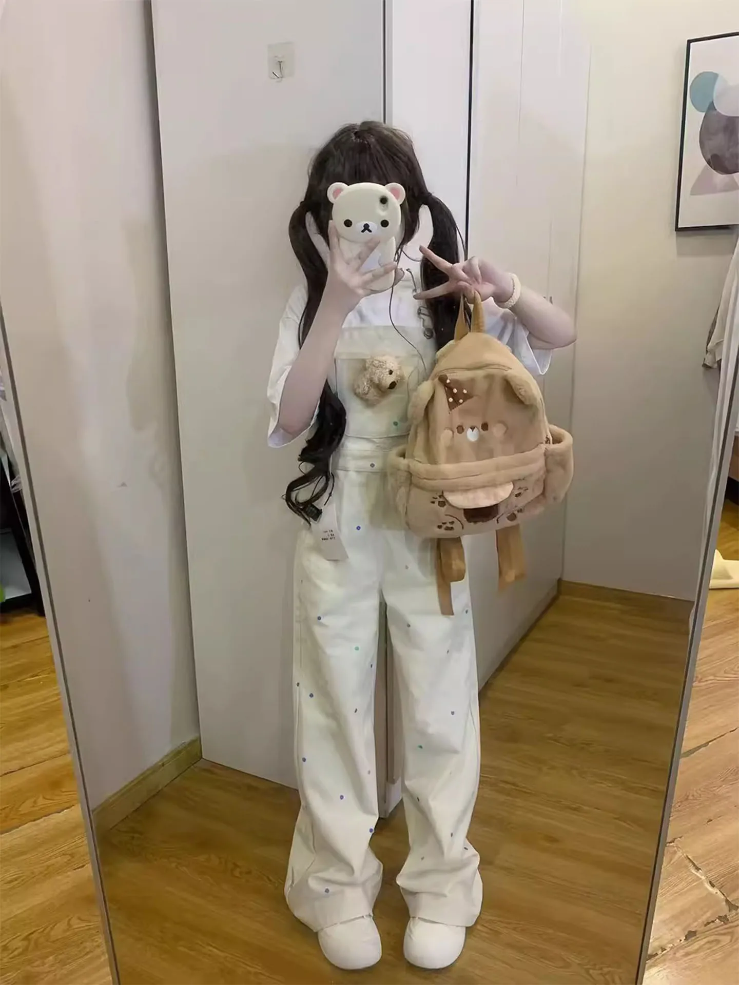 かわいいクマの水玉模様ストレートレッグオーバーオール女性夏ドパネルーズカジュアル小さいサイズ多用途ワンジーパンツ