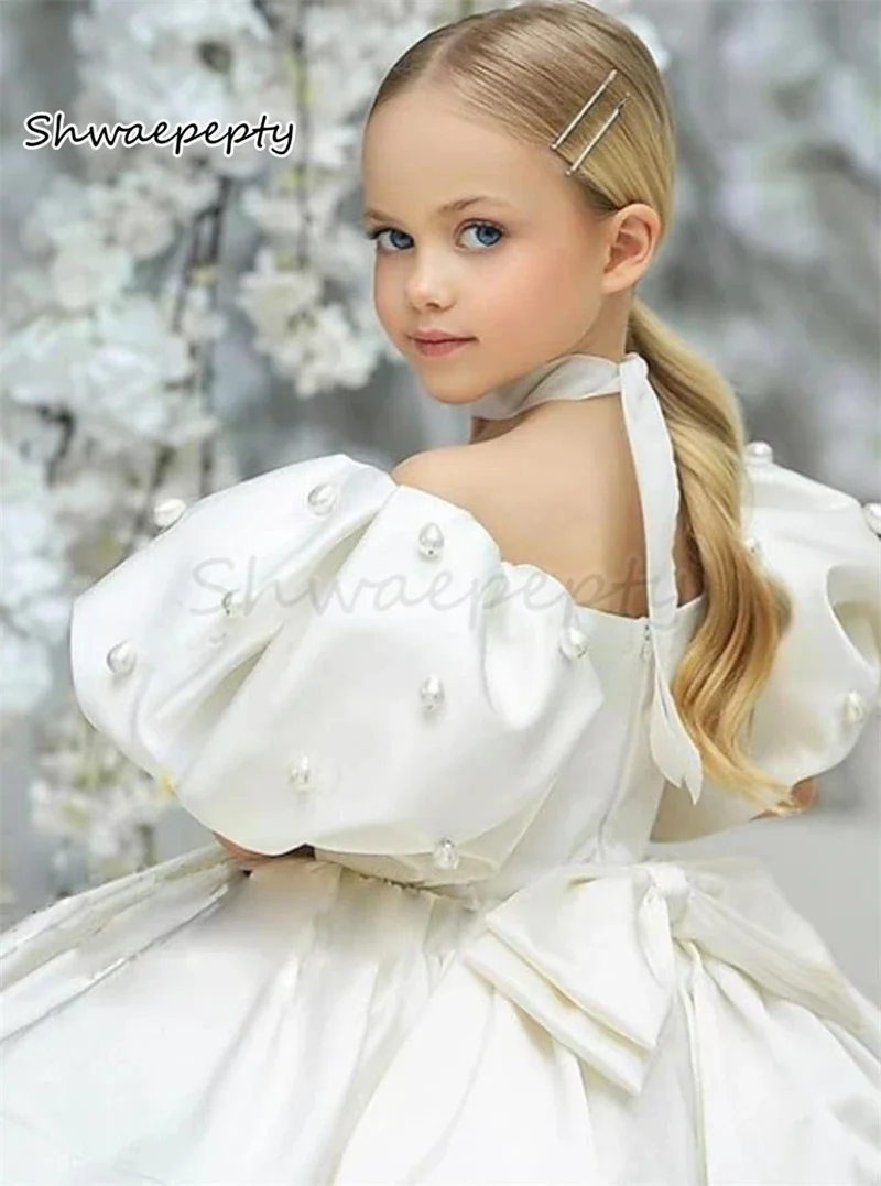 Princess White Flower Girls Dresses Puff Sleeves Short Tutu Satin Wedding Party Gown Pearls Beaded Birthday Dress Customized