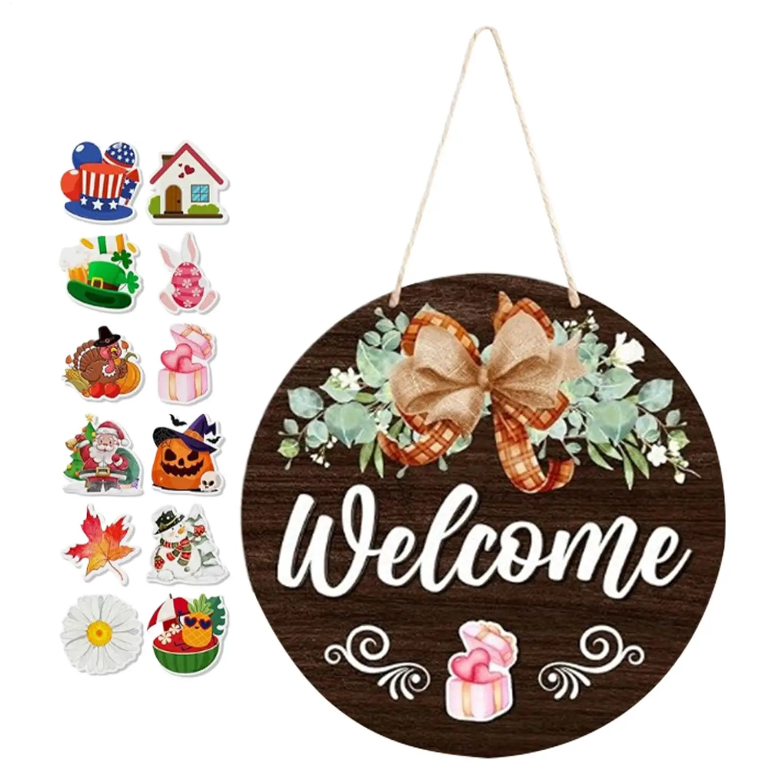 Interchangeable Welcome Sign Door Decoration Pendant 12 Inch Round Wooden Welcome Sign Flower Wreath For Front Porch