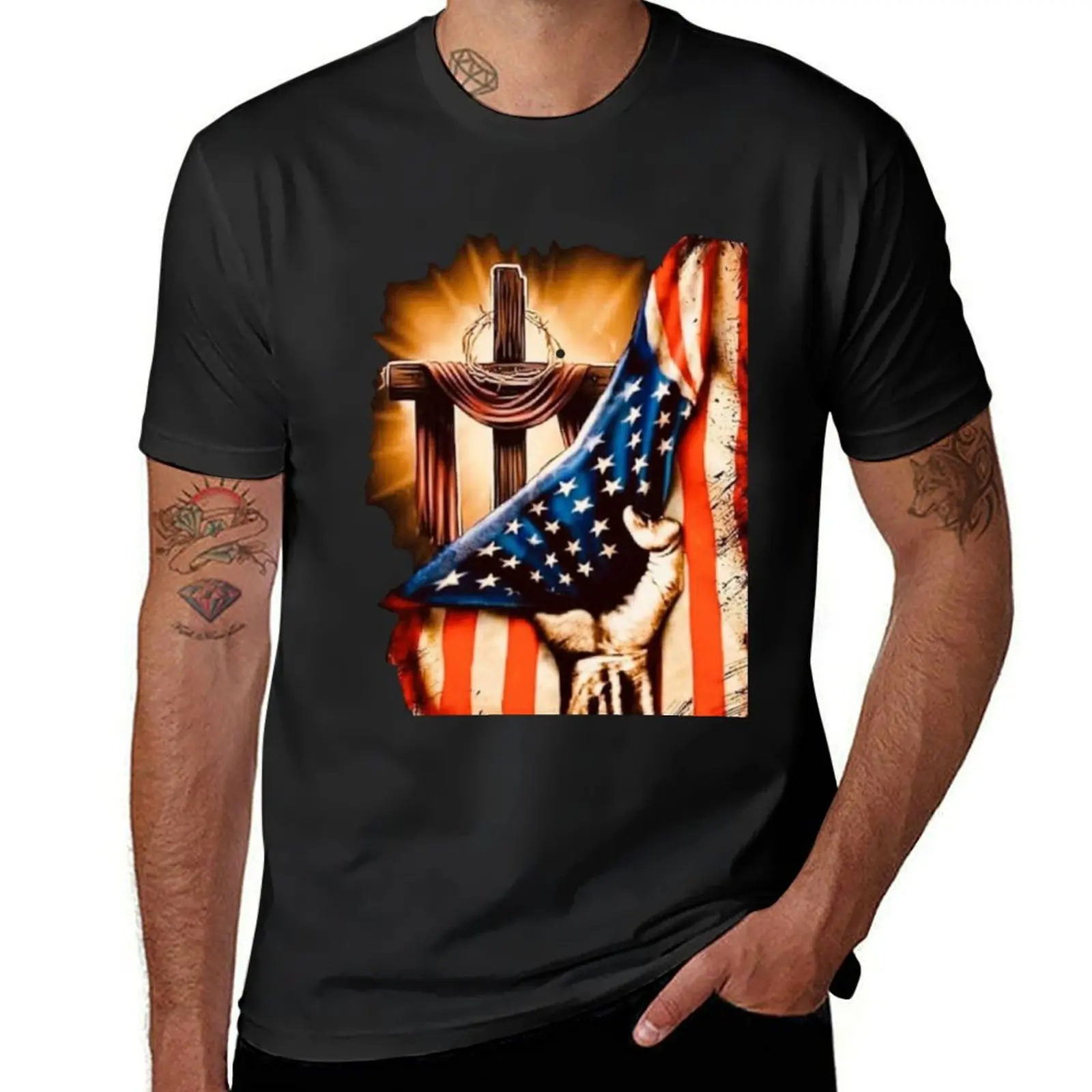 

American Flag Wooden Cross With Crown Of Thorns 2 T-Shirt funnys anime cute clothes tops plain black t shirts men