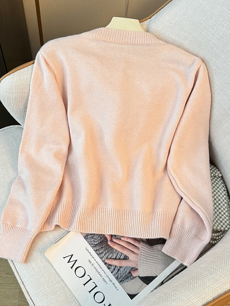 Simple Love Appliques Sweater For Women Autumn Sweet Loose Long Sleeved Knitted Cardigan 2024 New Single Breasted Pearls Tops