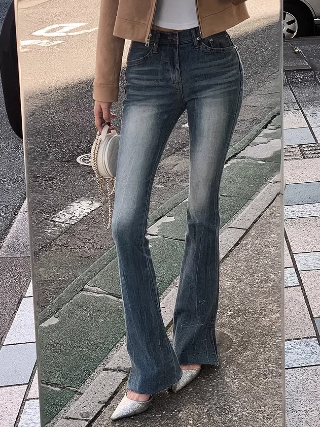 

Женские джинсы с высокой талией в стиле ретро, облегающие, слегка расклешенные, белые, длинные брюки из хлопкового стрейч-денима, осенняя мода