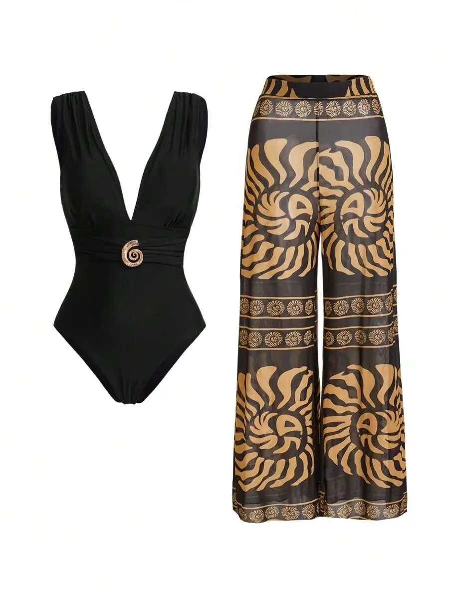 

Elegant Retro Spiral Print One Piece Swimsuit With Wide Leg Pants Chic Vacation Outfit For Women