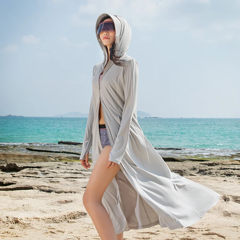 OhSunny Fashion Women Summer Anti-UV Clothes Sunscreen Sun Protection Cooling Long Coat Face Cover Hooded Zipper Pockets Beach