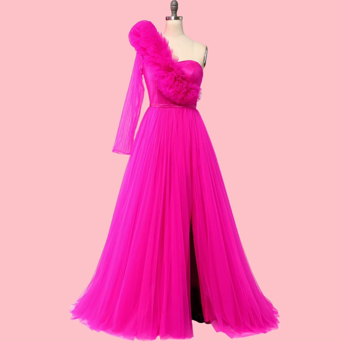 Fuchsia Dạ Hội Vestidos De Fiesta Một Nữ Tay Phồng Áo De Soirée Chân Váy Xẻ Quần Sịp Đùi Thông Hơi Một Dòng Đầm Dự Tiệc abendkleider