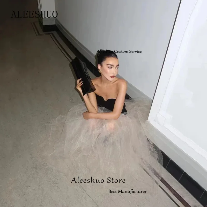 Aleeshuo Sexy Mermaid Black Velour Prom Dress Sleeveless Strapless Prom Gown Tulle Backless Party Dress فستان سهرة Customized