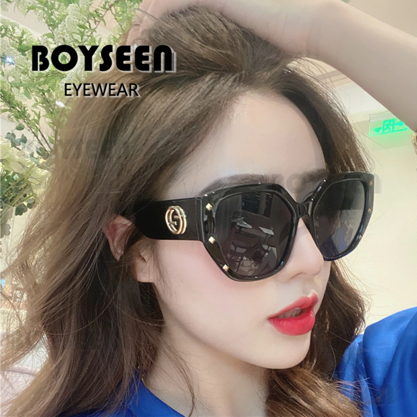 BOYSEEN Brand Design Studded Frame Sunglasses Women  Oversized Metal Logo Decoration Eyewear Tortoiseshell Sunglasses UV400