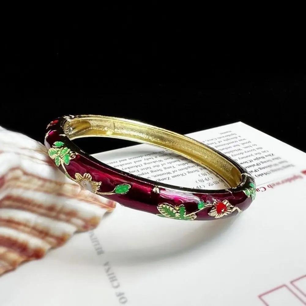 Emaille-Chinesisches-Cloisonné-Armband, Doppelarmreif, traditioneller Pfingstrosen-Filigran-Blumenarmreif, Vintage-Armband für chinesische Frauen – Detail 3
