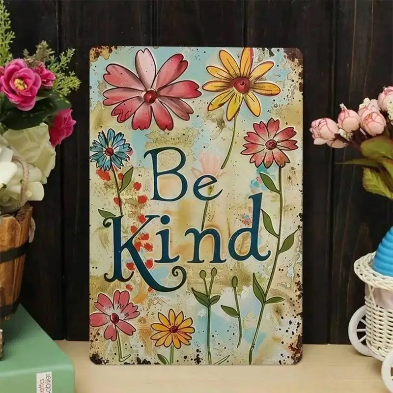 1PC Colorful Tin Sign, Be Kind, Inspirational Quote, Floral Wall Art, Positive Vibes, Perfect For Bedroom Or Office, -Friendly M