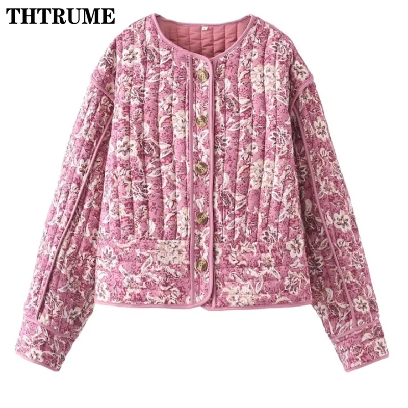 Elegant Women Floral Print Jacket Fashion Long Sleeve Vintage Autumn Winter Warm Coats Casual Communte O-Neck Chic Quilted Coat