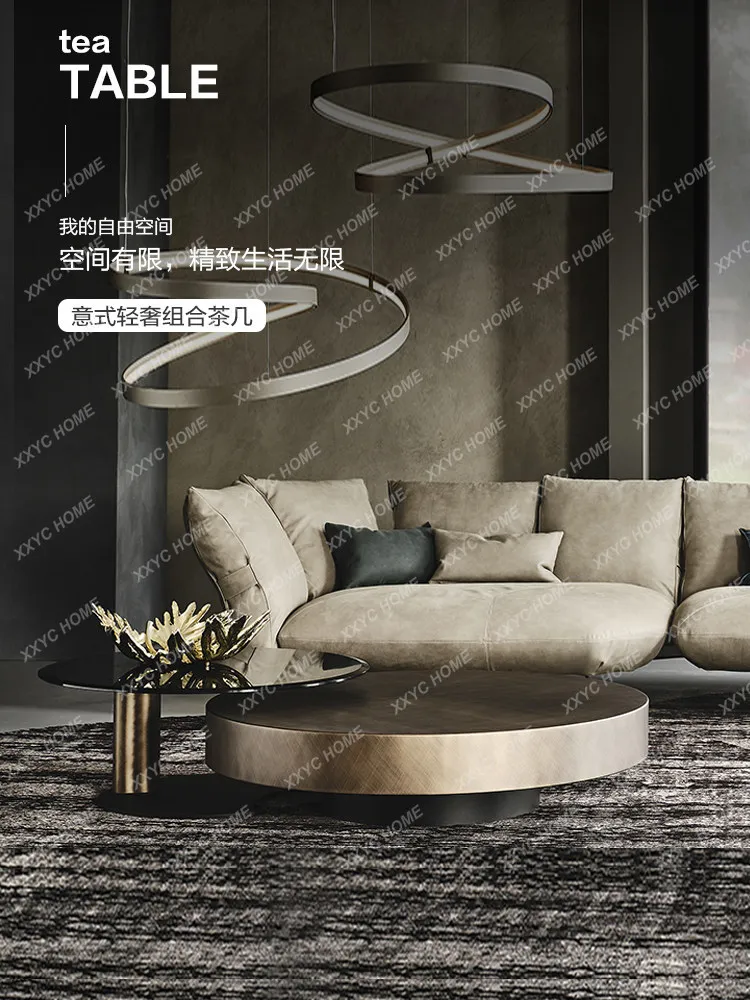 Light luxury round rock slab coffee table small apartment modern simple villa living room high and low coffee table combination