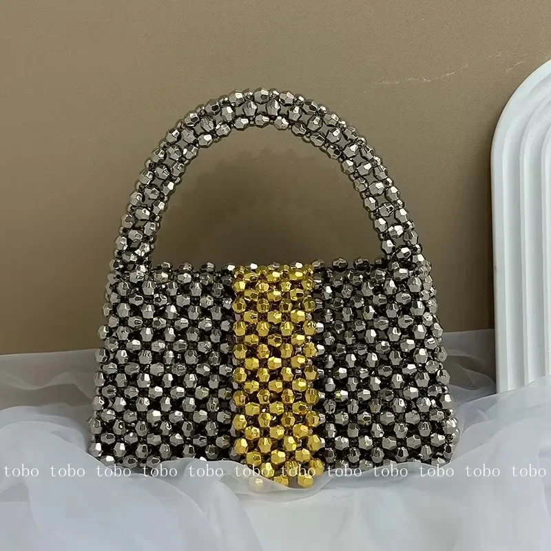 2024 Silber Metall Farbe Acryl Perle Box Geldbörsen für Frauen Sommer Strand Perlen Handtaschen Damen Abend Mode Luxus Tasche