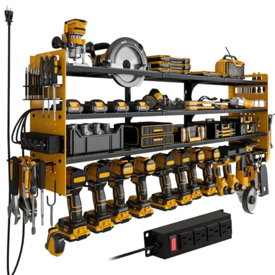 

12 Cordless Drill Holder Large Power Tool Organizer Wall Mount with Side Pegboard and Screwdriver Holder 4-Tier Heavy Duty Meta