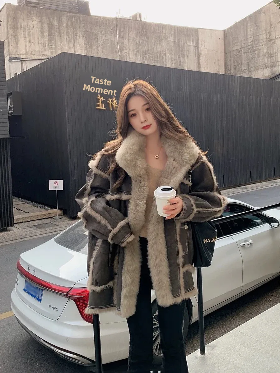 

Зимняя утепленная теплая верхняя одежда: женское пальто средней длины из искусственного меха, свободный крой, повседневное, модное.