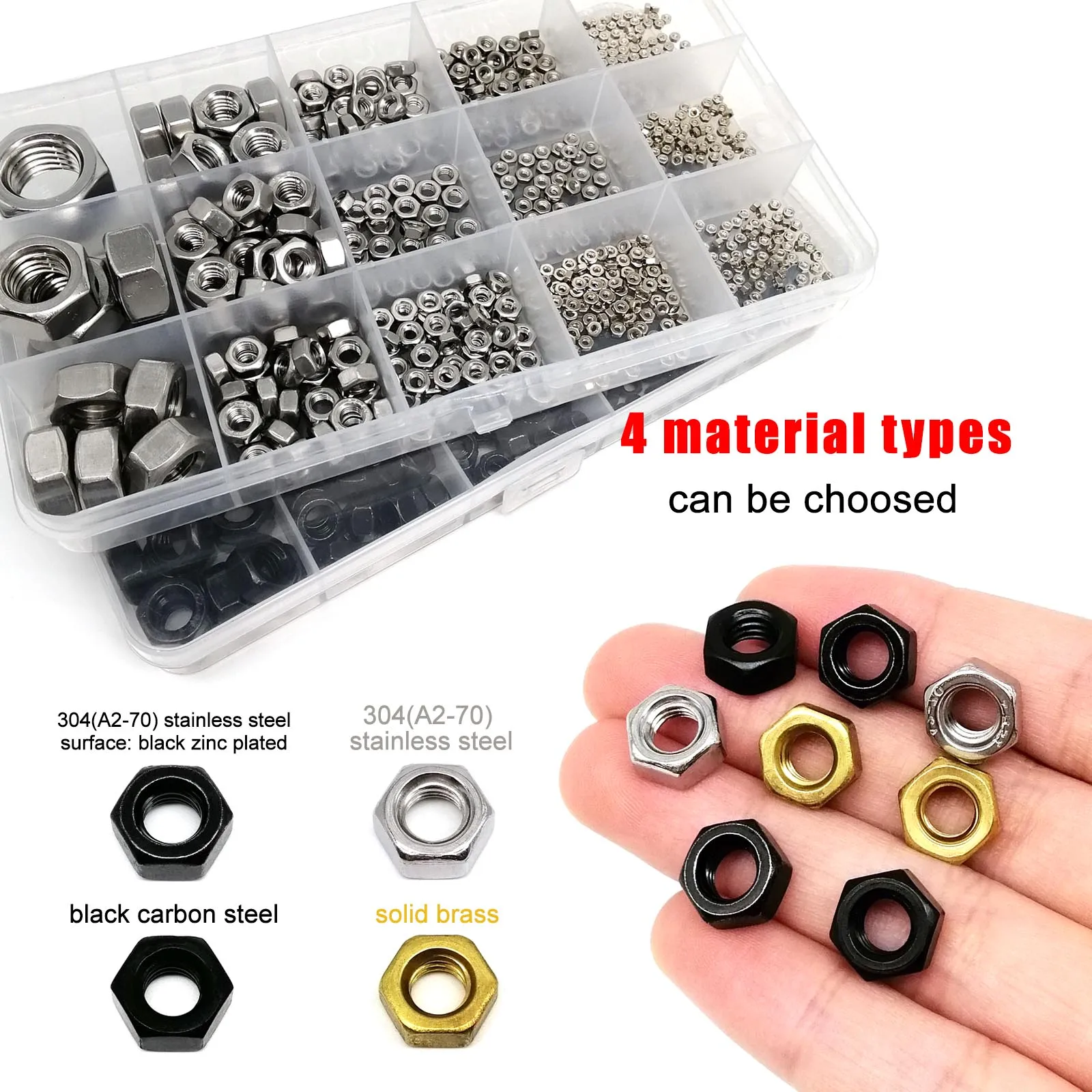 1 Set Mix M1 M1.2 M1.4 M1.6 M2 M2.5 M3 M4 M5 M6 M8 to M16 DIN934 Hex Hexagon Nut Kit Box Black 304 Stainless Steel Brass Steel image 2