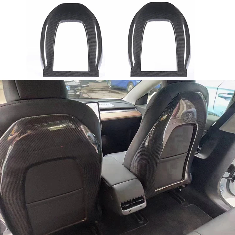 2Pcs Carbon Car Seat Decorate Back Seat Shell Trim Child Anti Dirty for Tesla Model 3 / Y