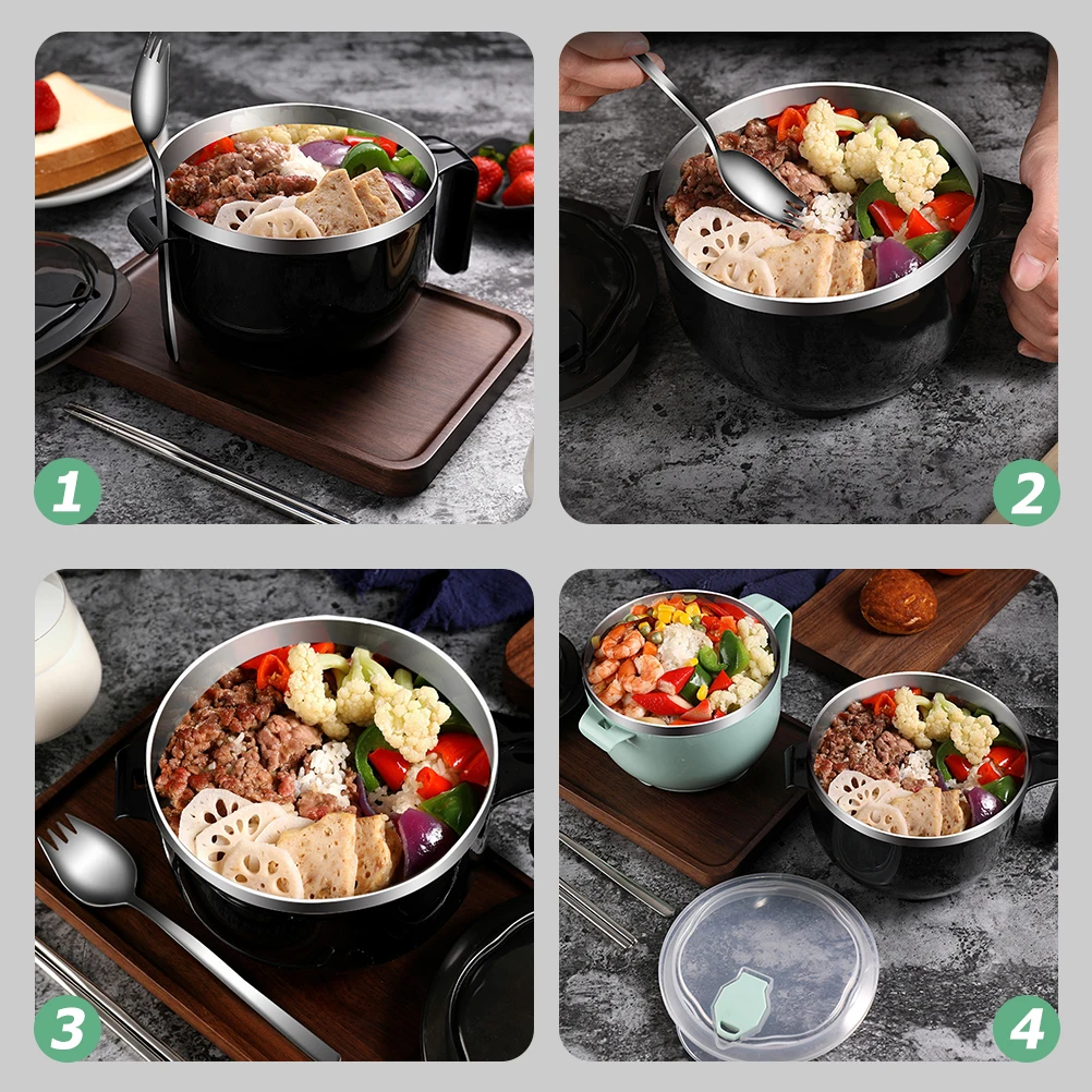 

1 Set Stainless Steel Noodles Rice Food Anti-Scald Handle 1200Ml Large Capacity Soup Bowl Drainage Hole Lidded Meal Bowl
